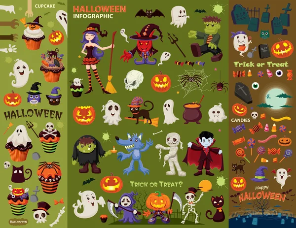 Винтажный плакат на Хэллоуин с вампиром, париком, мумией, человеком-волком, призраком, жнецом, пиратским персонажем . — стоковый вектор