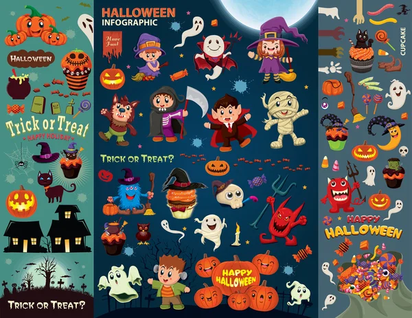 Vintage Halloween posterontwerp met vector vampier, heks, mummy, wolf man instellen, spook, reaper, teken. — Stockvector