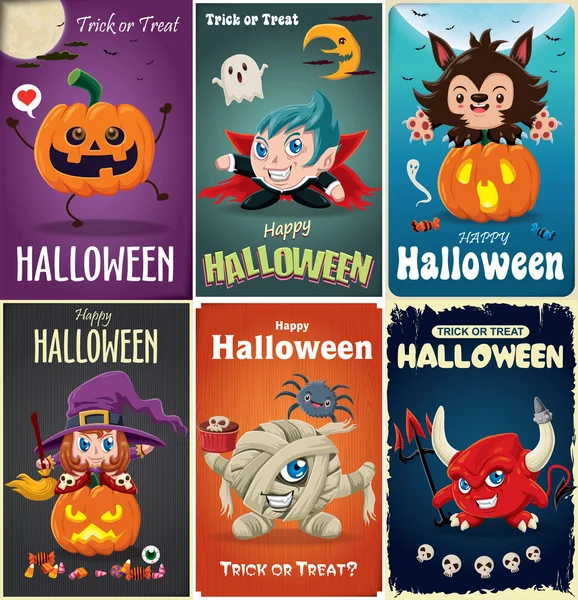 Vintage-Halloween-Poster-Design-Set mit Vampir, Hexe, Mumie, Wolf Mann, Geist, Jack o Laterne Charakter. — Stockvektor