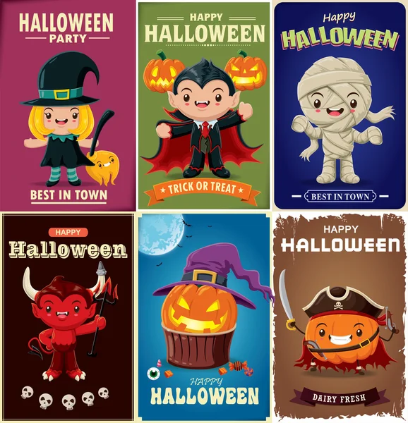 Szüreti Halloween poszter design vektor vámpír, boszorkány, múmia, démon, kalóz, szellem, kalóz, jack o lantern karakter készlet. — Stock Vector