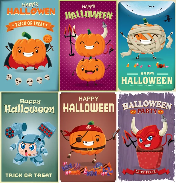 Vintage halloween poster design set mit vektordämonen, mumie, roboter, pirat, vampir, cupcake, jack o laterne figur. — Stockvektor