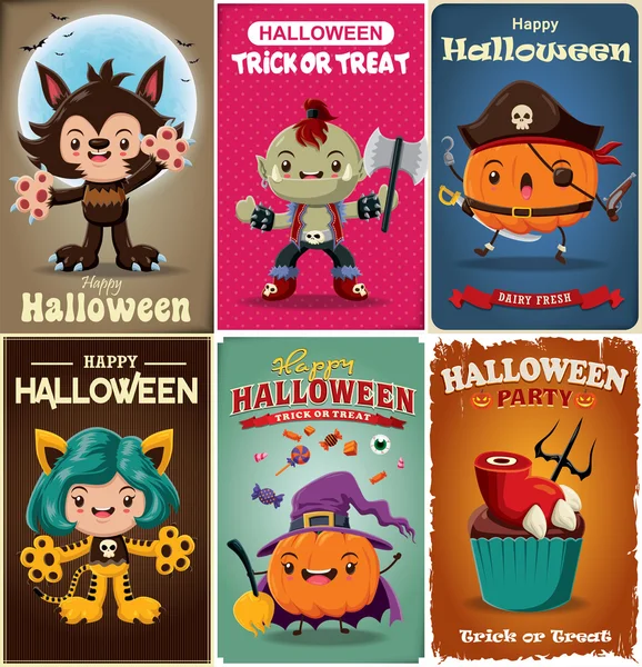 Vintage Halloween posterontwerp instellen met vector wolf man, orc, tijger, kat, demon, piraat, ghost, piraat, jack o lantern karakter. — Stockvector