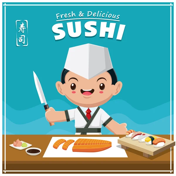 Design de cartaz Vintage Sushi. Palavra chinesa significa sushi . —  Vetores de Stock