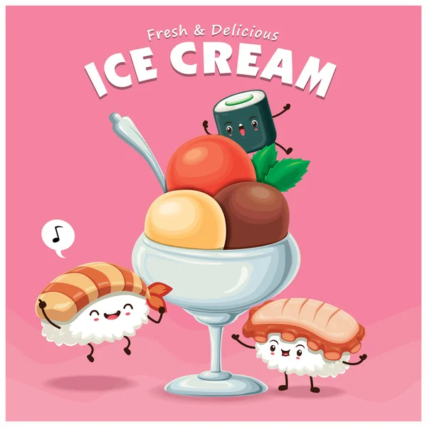 Vintage Sushi ice cream poster design with vector sushi character. — Stock Vector