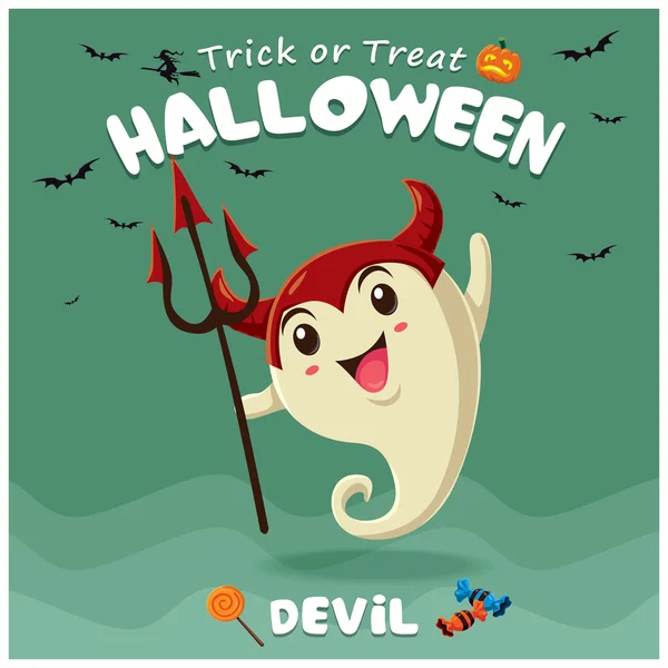 Vintage diseño de póster de Halloween con vector fantasma diablo carácter . — Archivo Imágenes Vectoriales