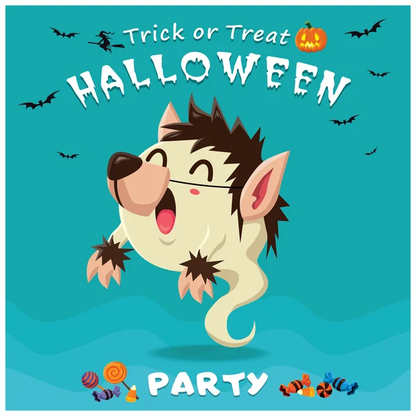 Vintage Halloween poster design with vector ghost wolfman character. — Stock Vector