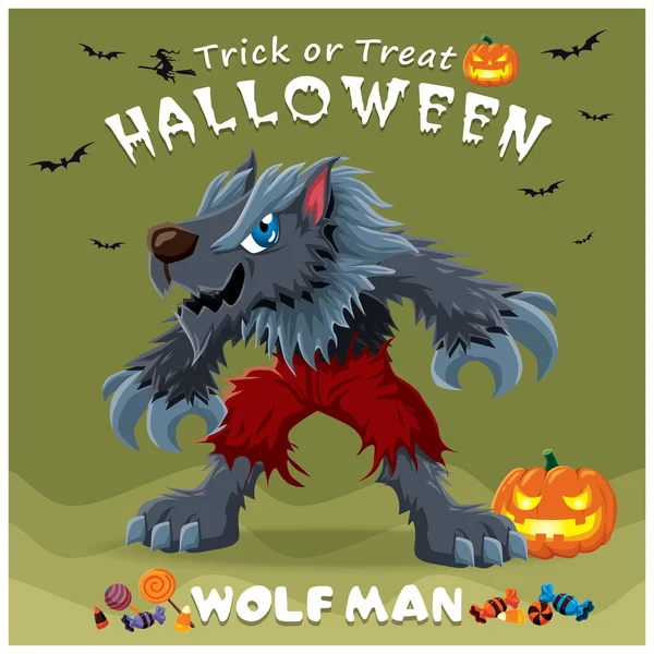 Design de cartaz de Halloween vintage com caráter de lobo vetorial . — Vetor de Stock