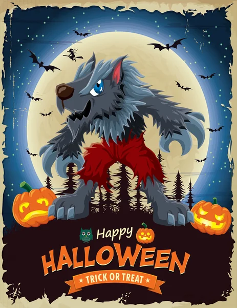 Desain poster Halloween kuno dengan karakter manusia serigala vektor . - Stok Vektor