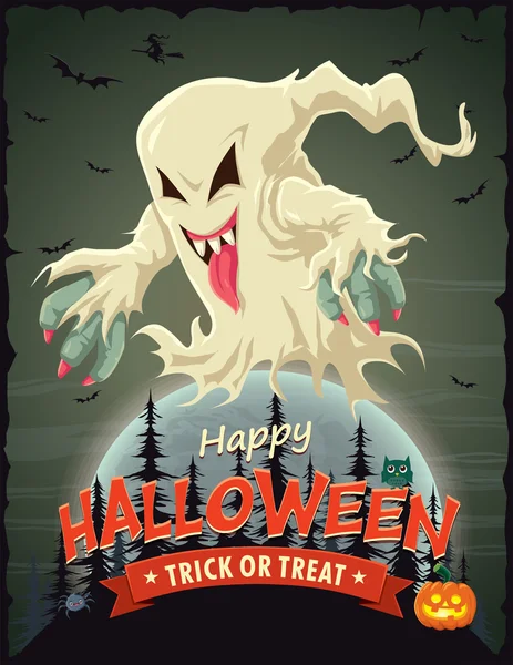 Diseño de póster de Halloween vintage con carácter fantasma vectorial. — Vector de stock