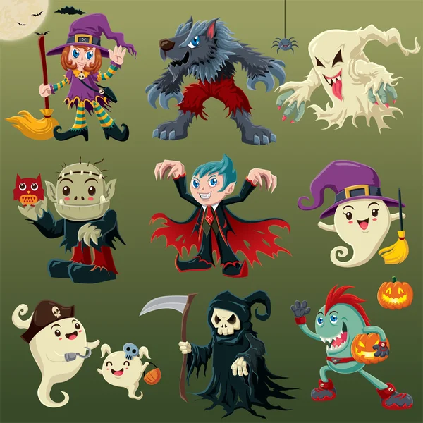 Vintage Halloween poster design con fantasma vettore, vampiro, pirata, strega, lupo, mietitore, personaggio diavolo . — Vettoriale Stock