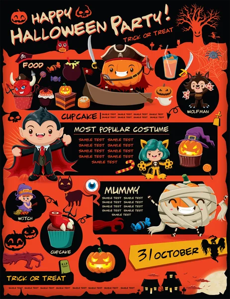 Vintage Halloween poster design com vetor fantasma, vampiro, bruxa, wolfman, múmia, personagem diabo . — Vetor de Stock