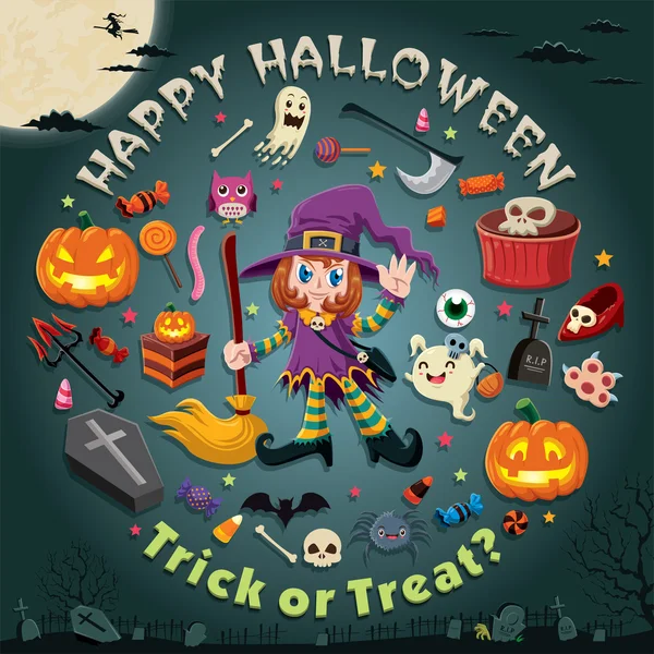 Ročník Halloween plakát design s vektorem čarodějnice charakter. — Stockový vektor