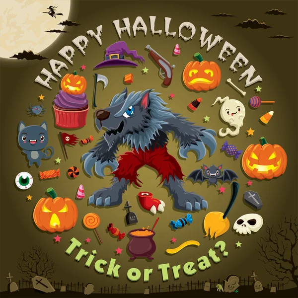 Poster design vintage Halloween avec personnage vecteur loup homme . — Image vectorielle