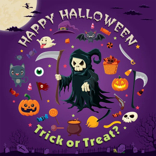 Vintage Halloween poster design with vector reaper character. — Stock Vector