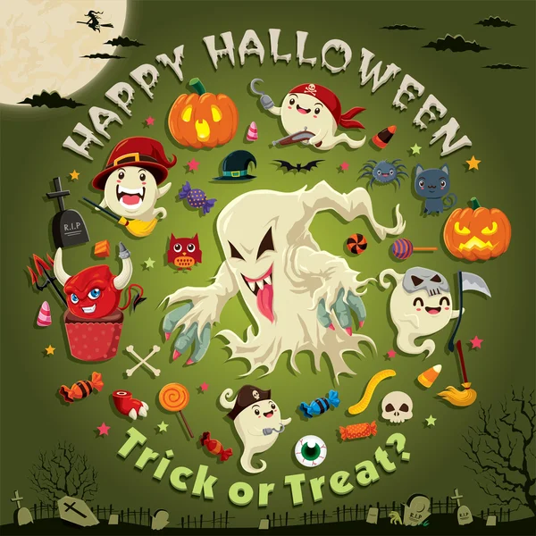 Vektör hayalet karakterli klasik Cadılar Bayramı poster tasarımı. — Stok Vektör