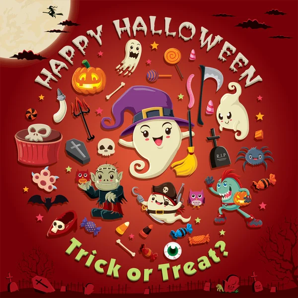 Design de cartaz de Halloween vintage com caráter de fantasma vetorial. — Vetor de Stock