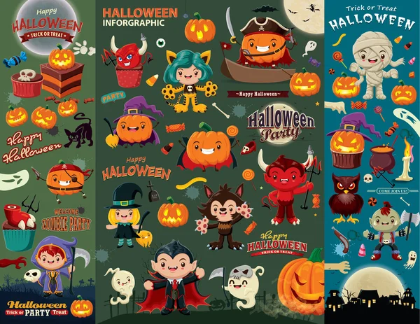Vintage Halloween poster design set con vettoriale vampiro, strega, mummia, lupo uomo, fantasma, mietitore, zombie, personaggio pirata . — Vettoriale Stock