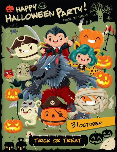 Vintage Halloween poster design set con vettoriale vampiro, strega, mummia, lupo uomo, fantasma, mietitore, zombie, personaggio pirata . — Vettoriale Stock