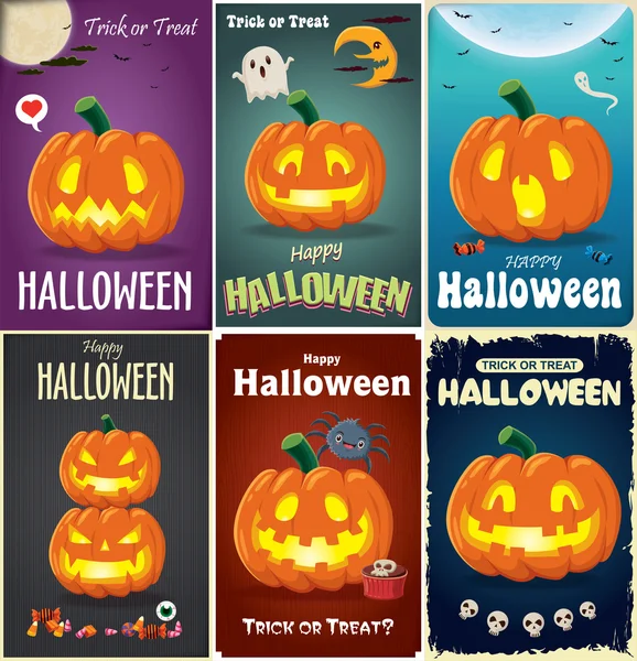 Vintage Halloween poster design set avec vecteur jack O lanterne personnage . — Image vectorielle