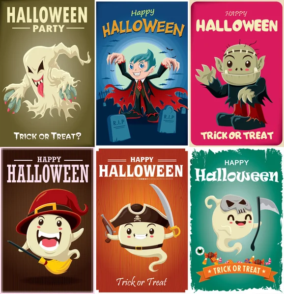ビンテージのハロウィン ポスター デザイン セット ベクトル吸血鬼、魔女、幽霊、死神、ゾンビ、海賊の文字. — ストックベクタ
