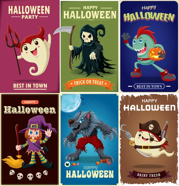 Vintage Halloween poster set di design con strega vettoriale, lupo uomo, fantasma, mietitore, personaggio pirata . — Vettoriale Stock