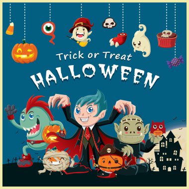 Vintage Halloween poster tasarım kümesi ile ev, kabak, cadı, kedi, şapka, hayalet, karakter.