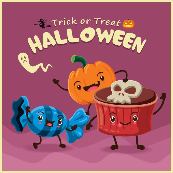 Poster affiche vintage Halloween avec citrouille, sorcière, cupcake, fantôme, personnage . — Image vectorielle
