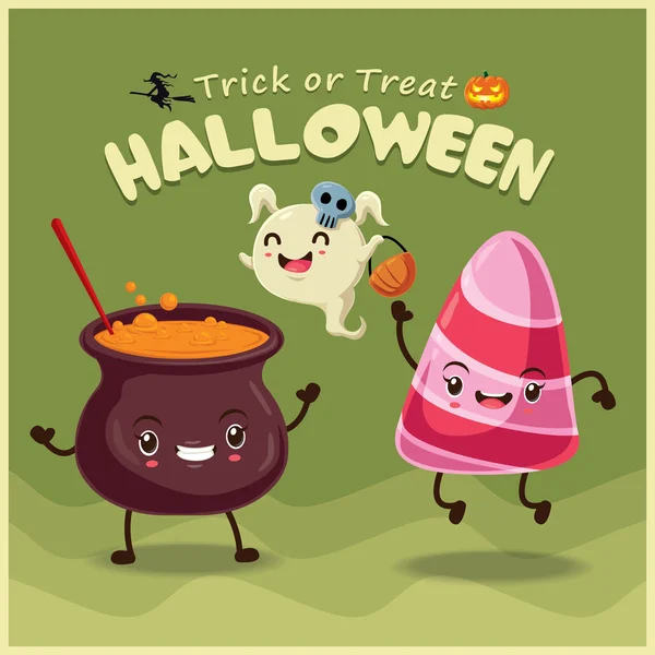 Design de cartaz de Halloween vintage conjunto com abóbora, bruxa, pote de poção, fantasma, personagem . — Vetor de Stock