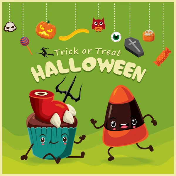 Vintage Halloween posterontwerp instellen met pompoen, heks, oogbol, cupcake, kist, karakter. — Stockvector