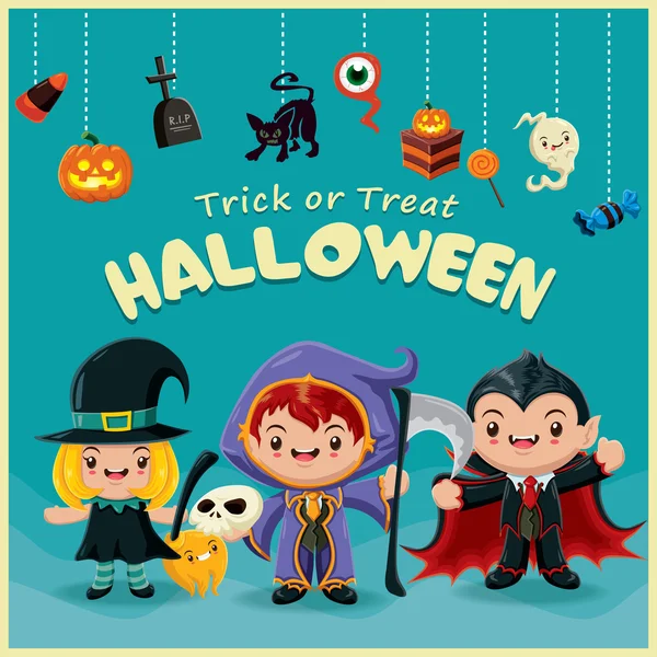 Vintage Halloween posterontwerp instellen met pompoen, heks, oogbol, cupcake, vampier, reaper karakter. — Stockvector