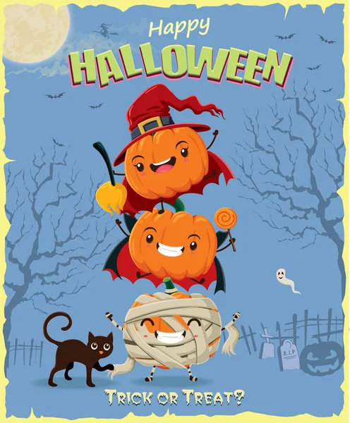 Desain poster Halloween kuno yang dibuat dengan labu, penyihir, vampir, karakter mumi . - Stok Vektor
