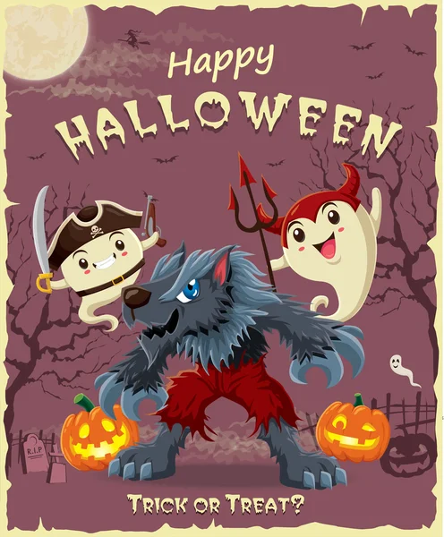 Desain poster Halloween kuno yang dibuat dengan labu, penyihir, manusia serigala, iblis, karakter bajak laut . - Stok Vektor