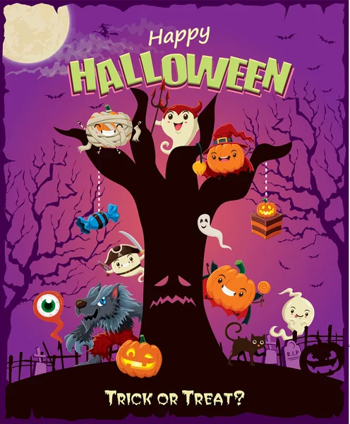 Vintage Halloween poster design conjunto com abóbora, bruxa, homem lobo, pirata, fantasma, múmia, personagem . — Vetor de Stock