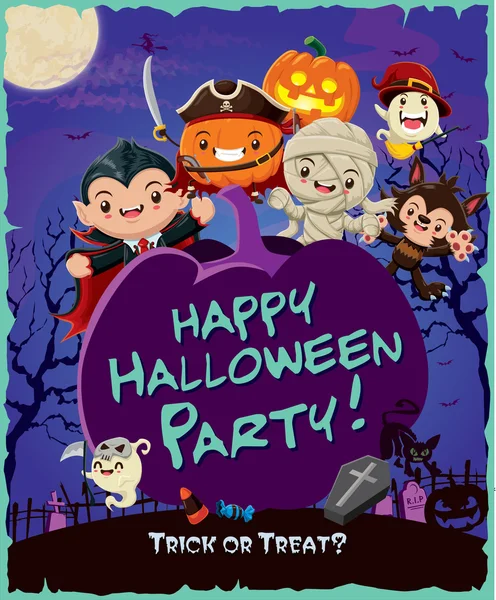 Design de cartaz de Halloween vintage conjunto com abóbora, bruxa, homem lobo, pirata, fantasma, múmia, ceifeiro, personagem . — Vetor de Stock