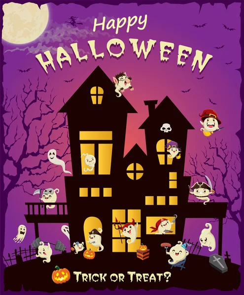 Vintage Halloween kabak, cadı, kurt adam, korsan, hayalet, ölüm meleği, karakter set poster tasarımı. — Stok Vektör