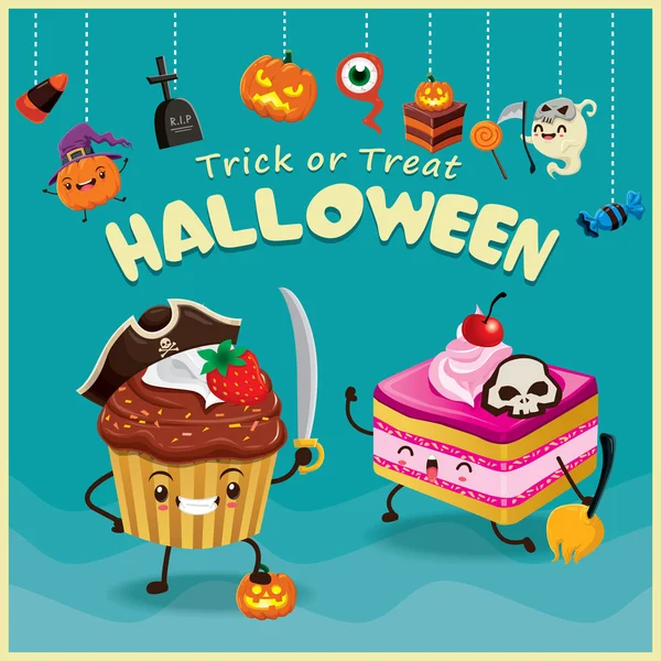 Vintage Halloween posterontwerp instellen met cupcake, piraat, reaper, teken. — Stockvector