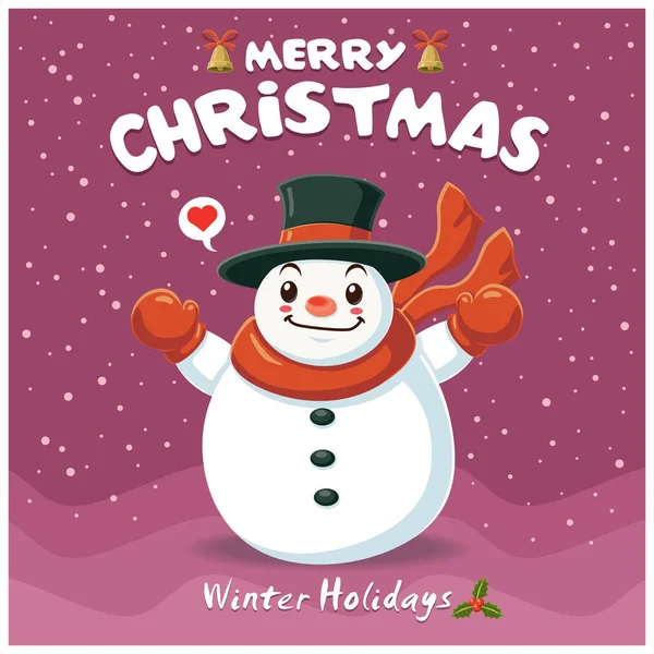 Винтажный дизайн рождественского плаката с персонажем снеговика . — стоковый вектор