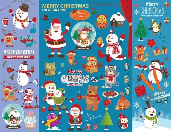 Design de cartaz de Natal vintage com personagens de Natal . — Vetor de Stock