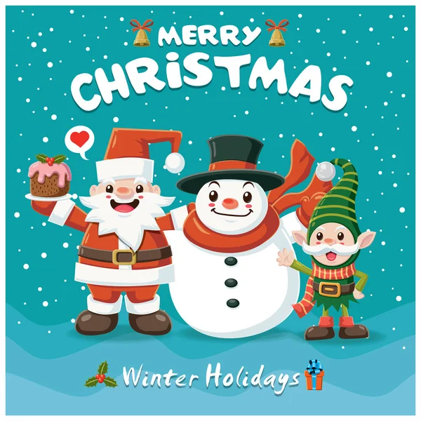 Design de cartaz de Natal vintage com Papai Noel, boneco de neve, personagens de elfo . — Vetor de Stock