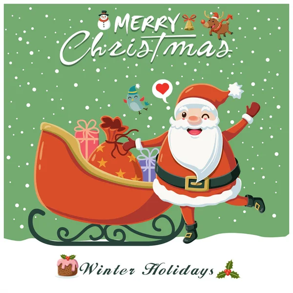 Design de cartaz de Natal vintage com Papai Noel e personagens de trenó . — Vetor de Stock