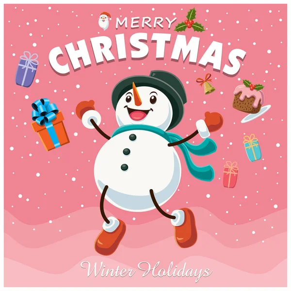 Diseño de póster de Navidad vintage con personajes muñeco de nieve. — Vector de stock