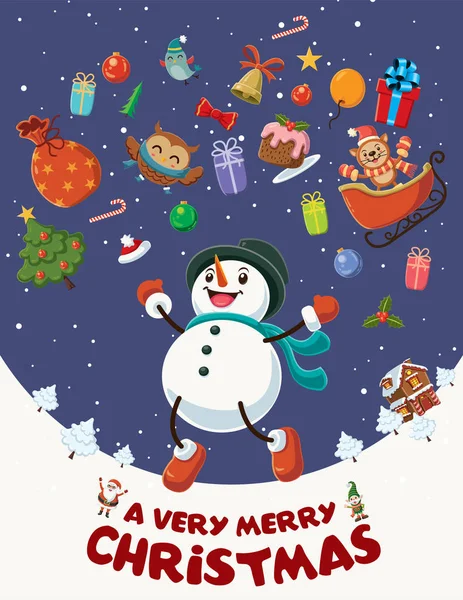 Vintage Kerst poster ontwerp met sneeuwman personages. — Stockvector
