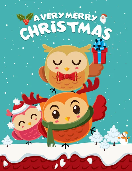 Vintage Christmas poster design with owls characters. — Stock Vector