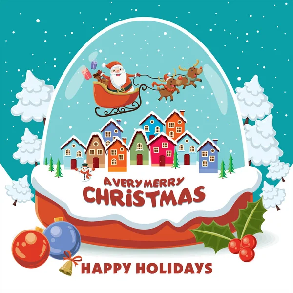 Poster de Noël vintage avec hibou Père Noël avec traîneau et personnages de rennes . — Image vectorielle