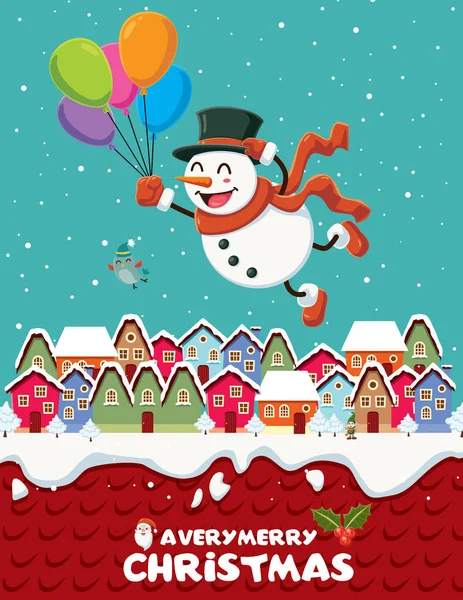 Design de cartaz de Natal vintage com personagens de pássaro e boneco de neve . — Vetor de Stock