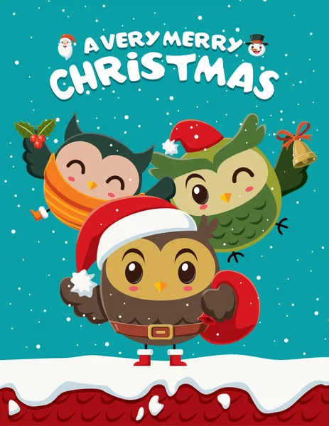 Diseño de póster navideño vintage con personajes de búhos . — Vector de stock