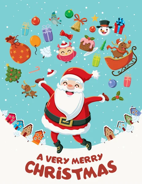 Diseño de póster de Navidad vintage con personajes de Santa Claus . — Vector de stock