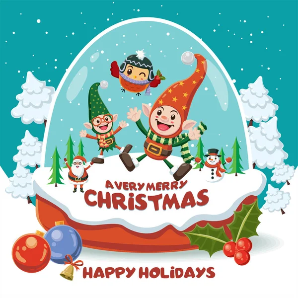Винтажный дизайн рождественского плаката с эльфом, снеговиком, совой, Санта-Клаусом в персонажах хрустального шара . — стоковый вектор