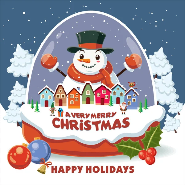Vintage Noel poster tasarımı elf, kardan adam, baykuş, kristal top karakter Noel Baba ile. — Stok Vektör