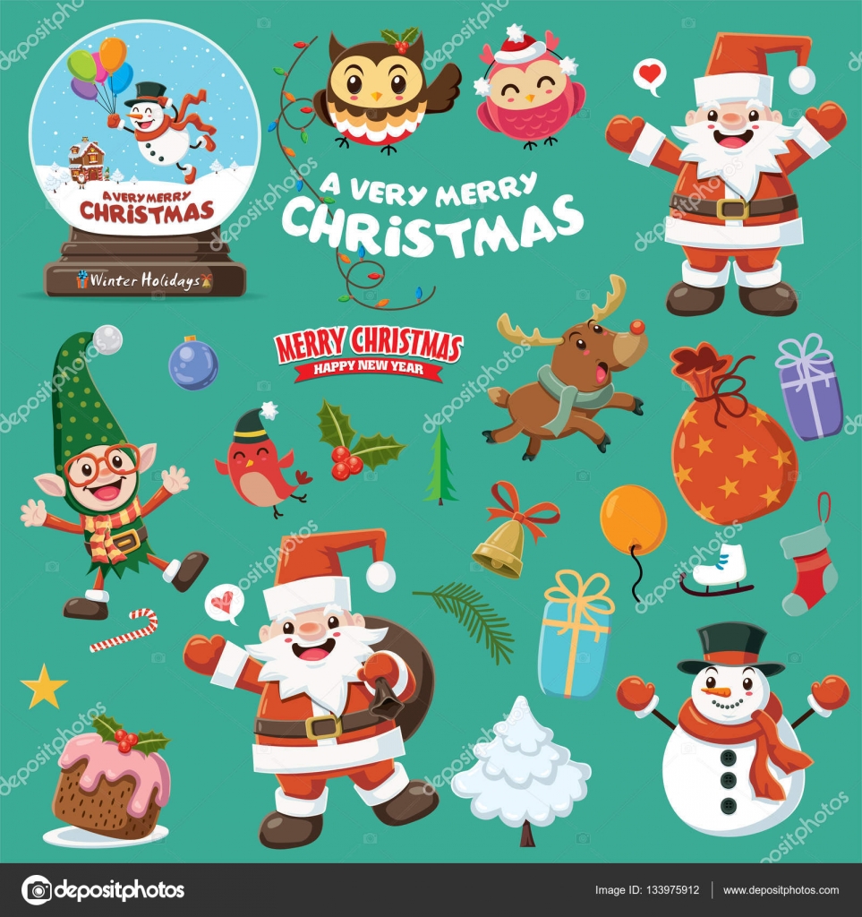 Vintage Christmas plakat projekt z renifer³w Santa Claus baÅ‚wan Sowa elf znak³w — Wektor od Donnay